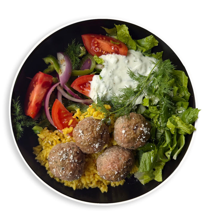 Greek Meatballs w/Rice & Tzatziki